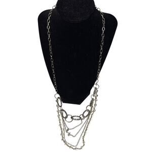 26” Silver Tone Chain Necklace Clear Bead Multi Strand Statement Lightweight